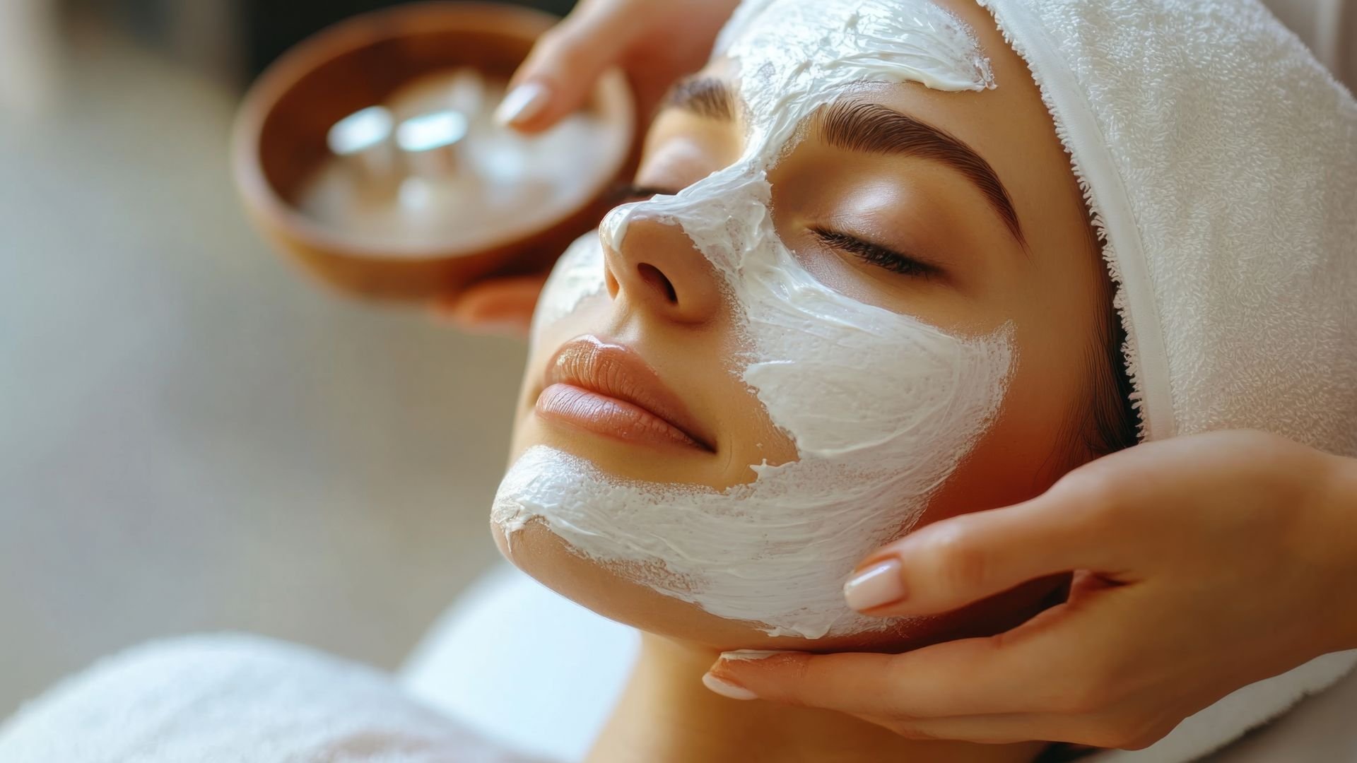 Relaxed person receiving facial treatment with white skincare mask